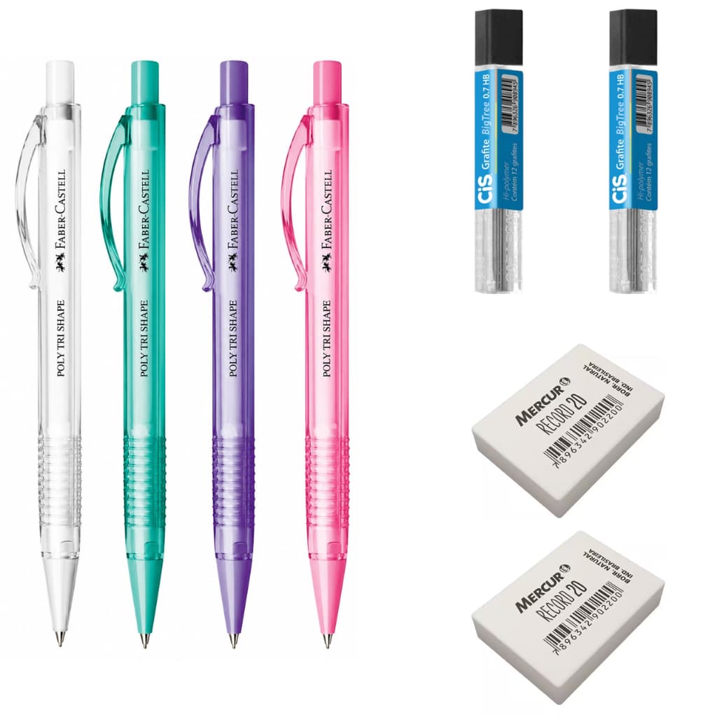 Kit Lapiseira Poly Tri Shape Faber Castell 0.7mm +2 Borrachas + 2 Grafites 0.7mm