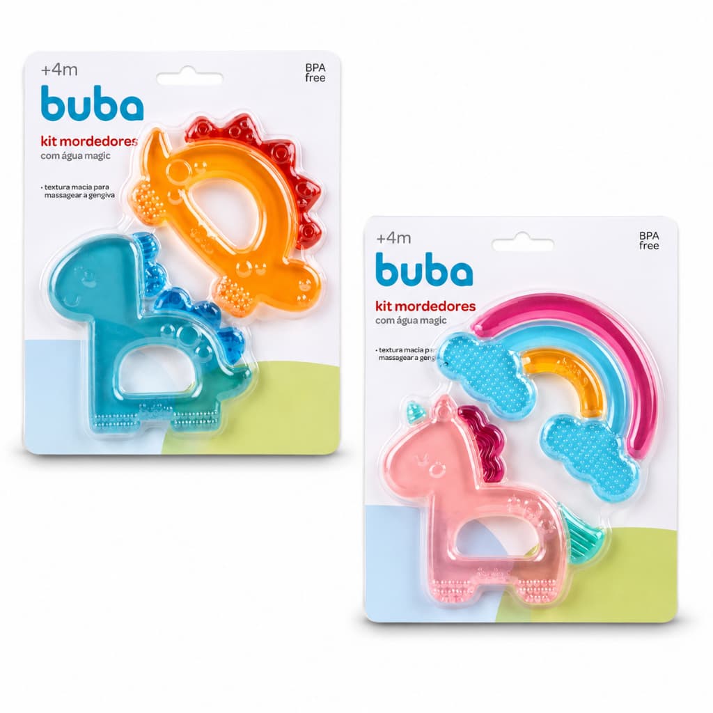 Kit 2 Mordedores Bebê Massageador Buba Gengiva Com Água Magic Dino Unicórnio Bebê Alívio Dentição