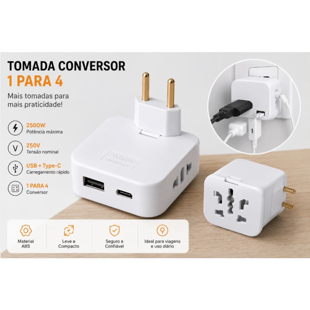 🔌 Adaptador Tomada 4 em 1 PowerMax USB + Type-C 2500W
