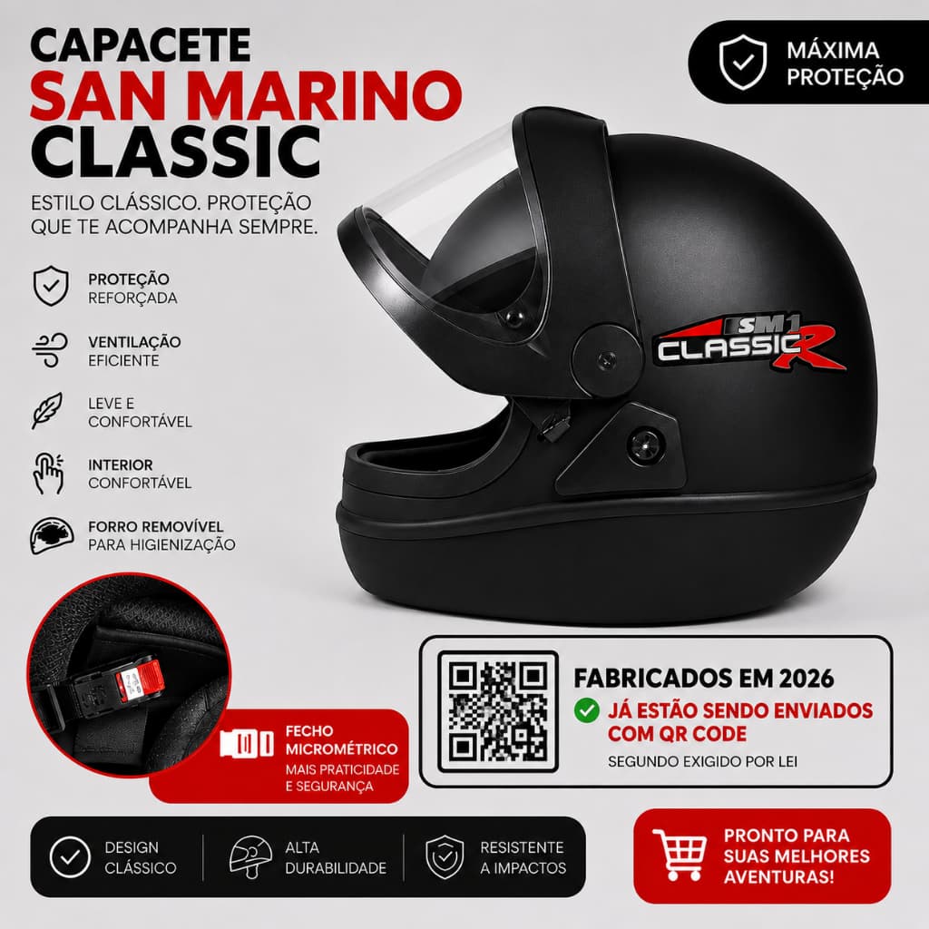 Capacete San Marino Classic Fechado Preto Fosco Original Inmetro Viseira Taurus Antirrisco Moto