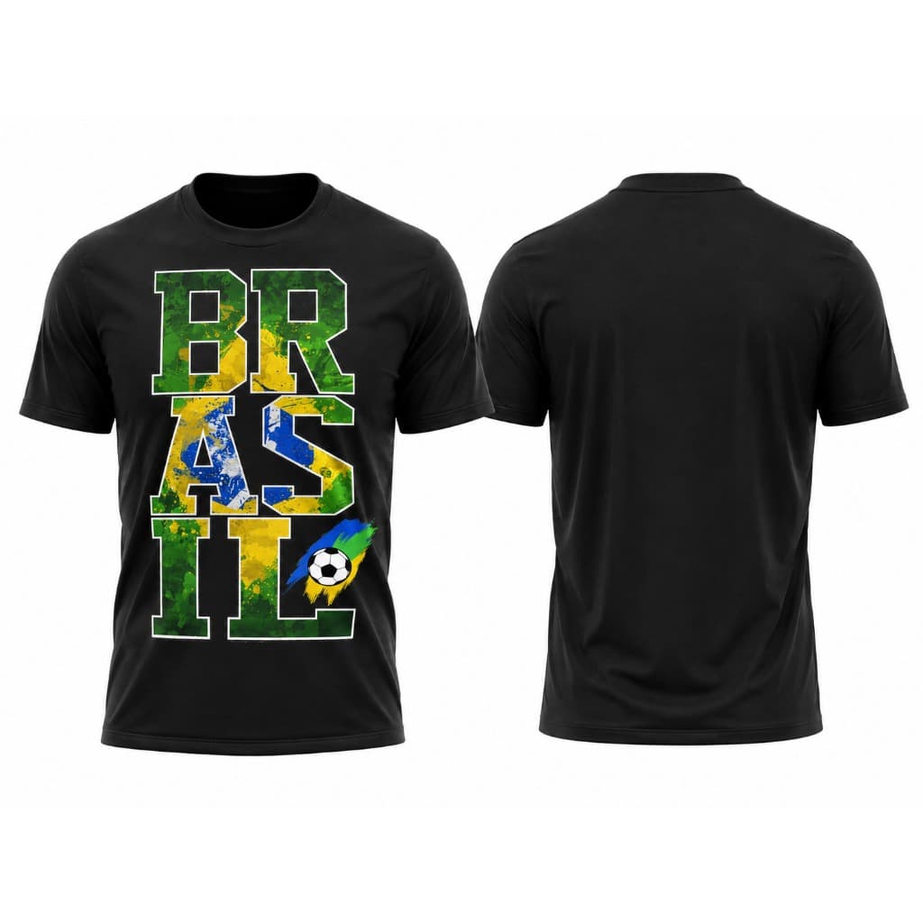 Camiseta Brasil Preta Estampa Frontal Masculina Casual Futebol Torcida
