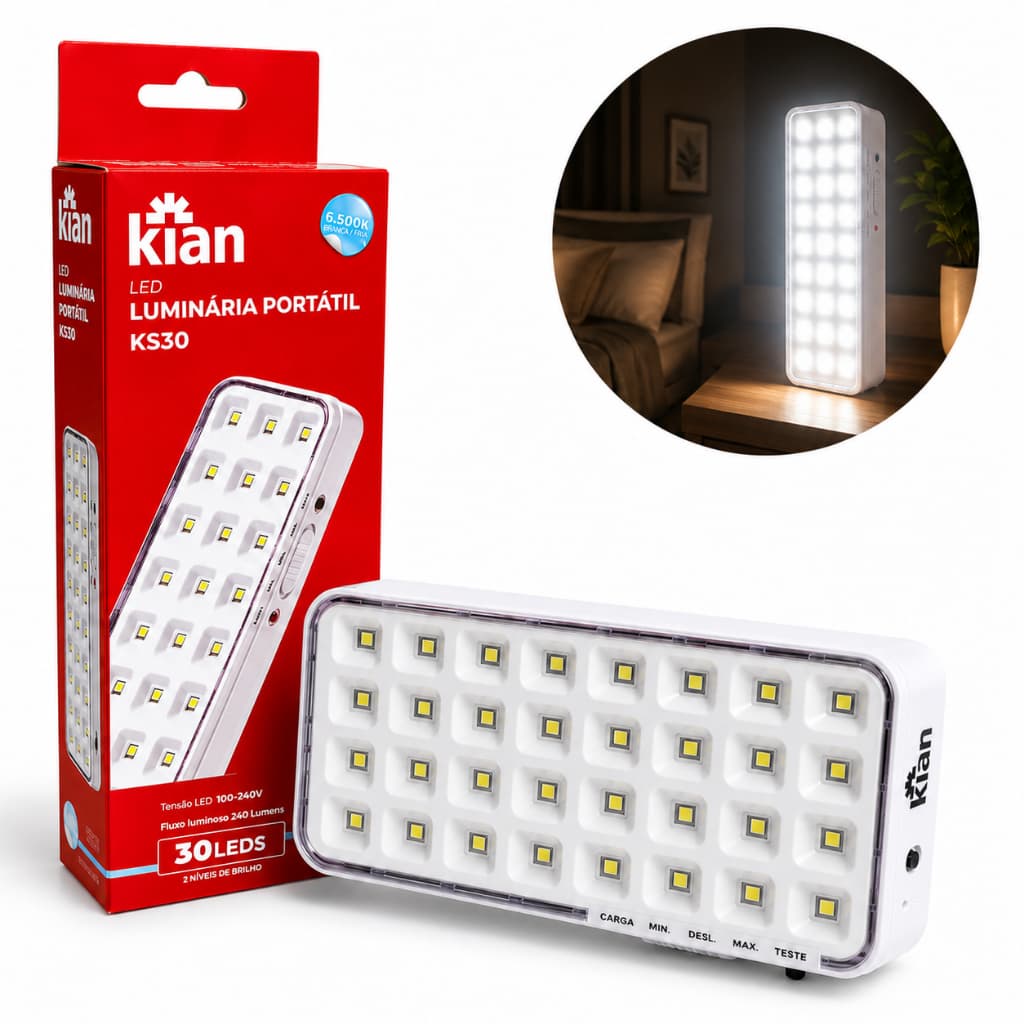 Luminária de Emergência Recarregável 30 LEDs Bivolt Luz Emergencial Portátil LED Kian 6500K Branca