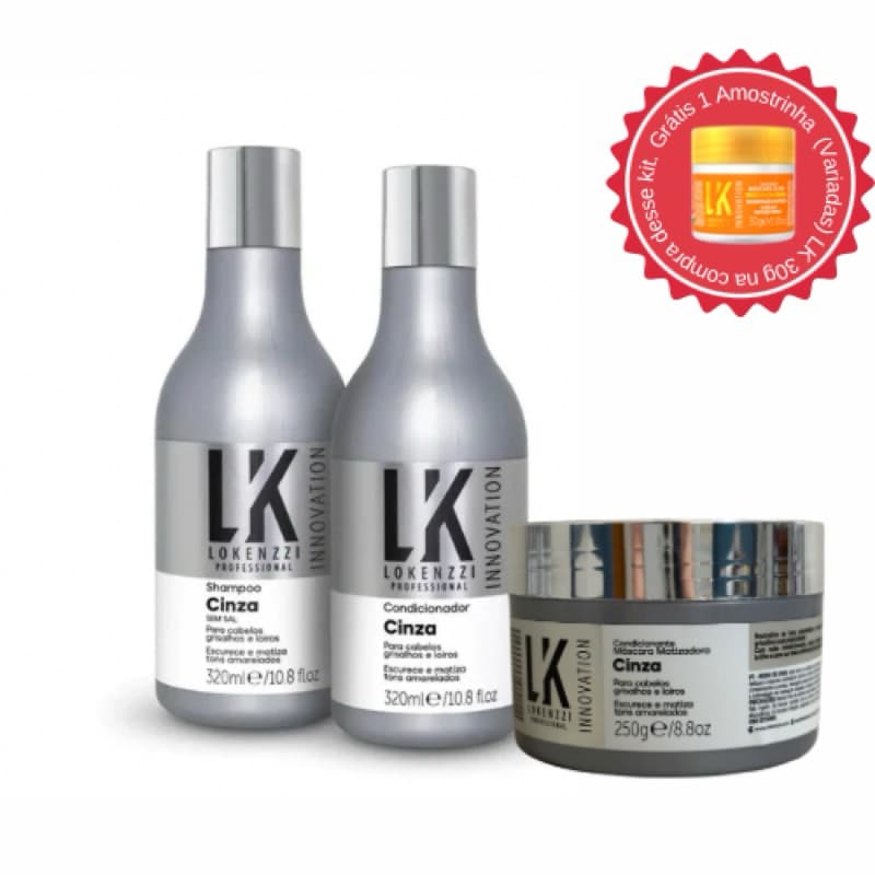 Kit Cinza Lokenzzi Cabelos Grisalhos (3 Produtos) Shampoo, Condicionador e Máscara Lançamento