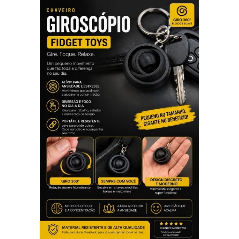 Chaveiro Giroscópio Fidget Toy 360° – Anti Estresse, Portátil