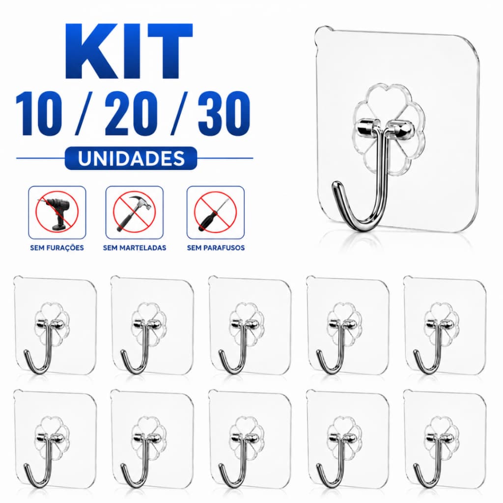 Kit 30/10/20 Ganchos Adesivos Parede Multi Funcional para Casa Banheiro Cozinha Quarto Gancho Transparente Autocolante