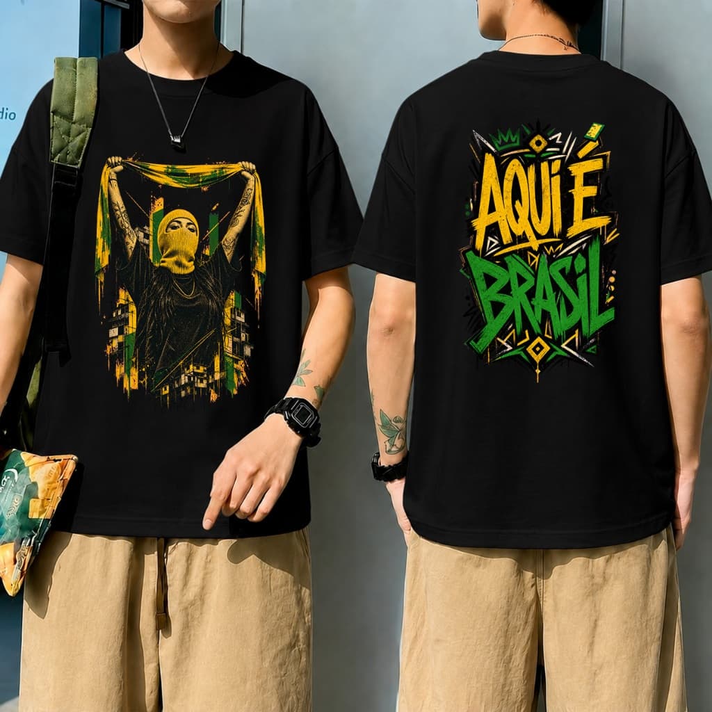 [Camiseta Premium em Algodão Puro]VU Camiseta Aqui é Brasil Oversized 100% Algodão Estampa Streetwear#12