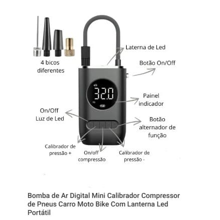 Bomba de Ar Digital Mini Calibrador Compressor de Pneus Carro Moto Bike Com Lanterna Led Portátil