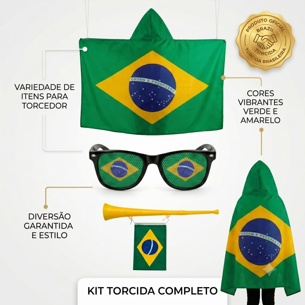 Kit Copa Do Mundo Torcedor Brasil Hexa 2026 Seleção Bandeira Vuvuzela Envio Rápido