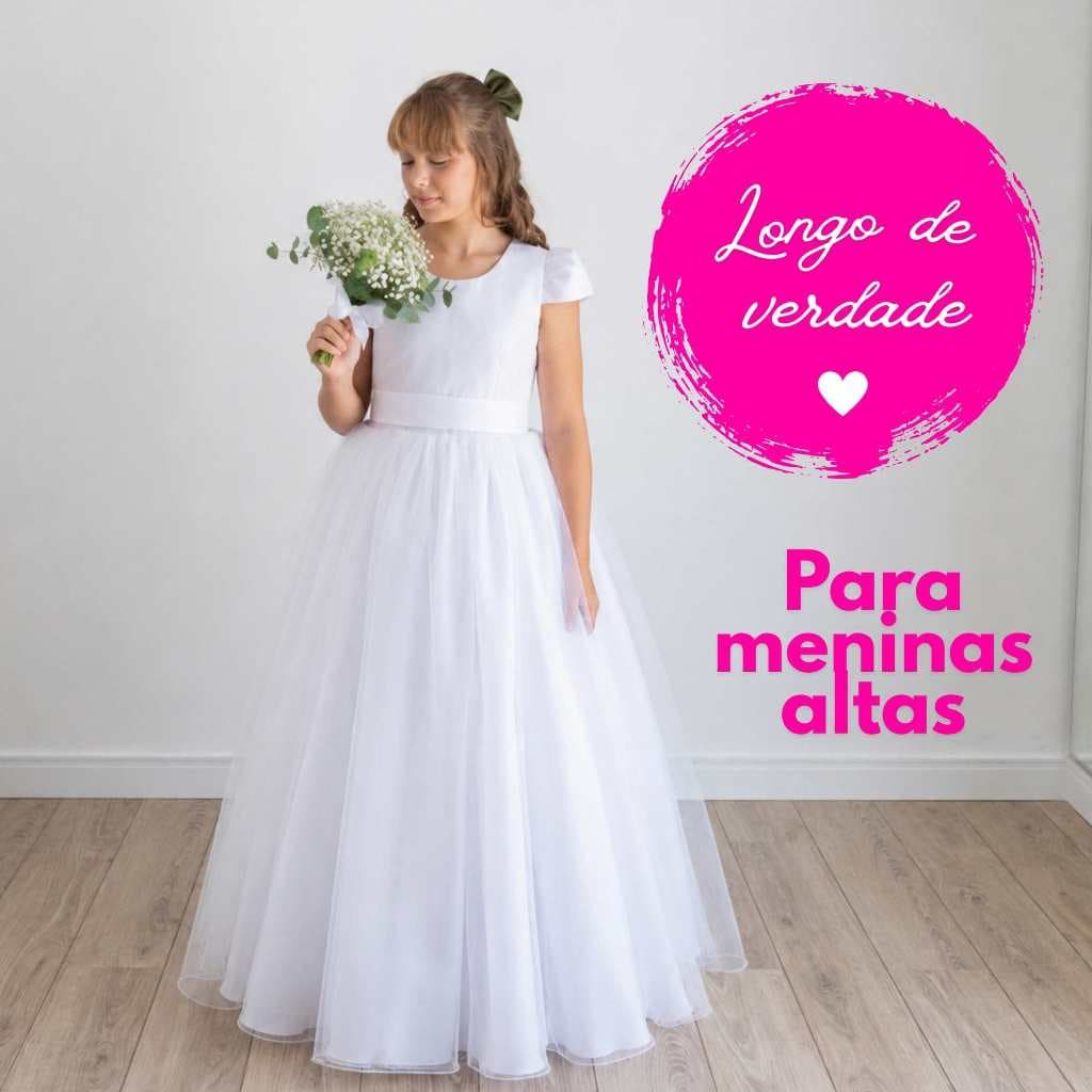 Vestido Longo para meninas Altas TALL Branco Infantil 10 A 16 25 cores de faixa Florista REF4190