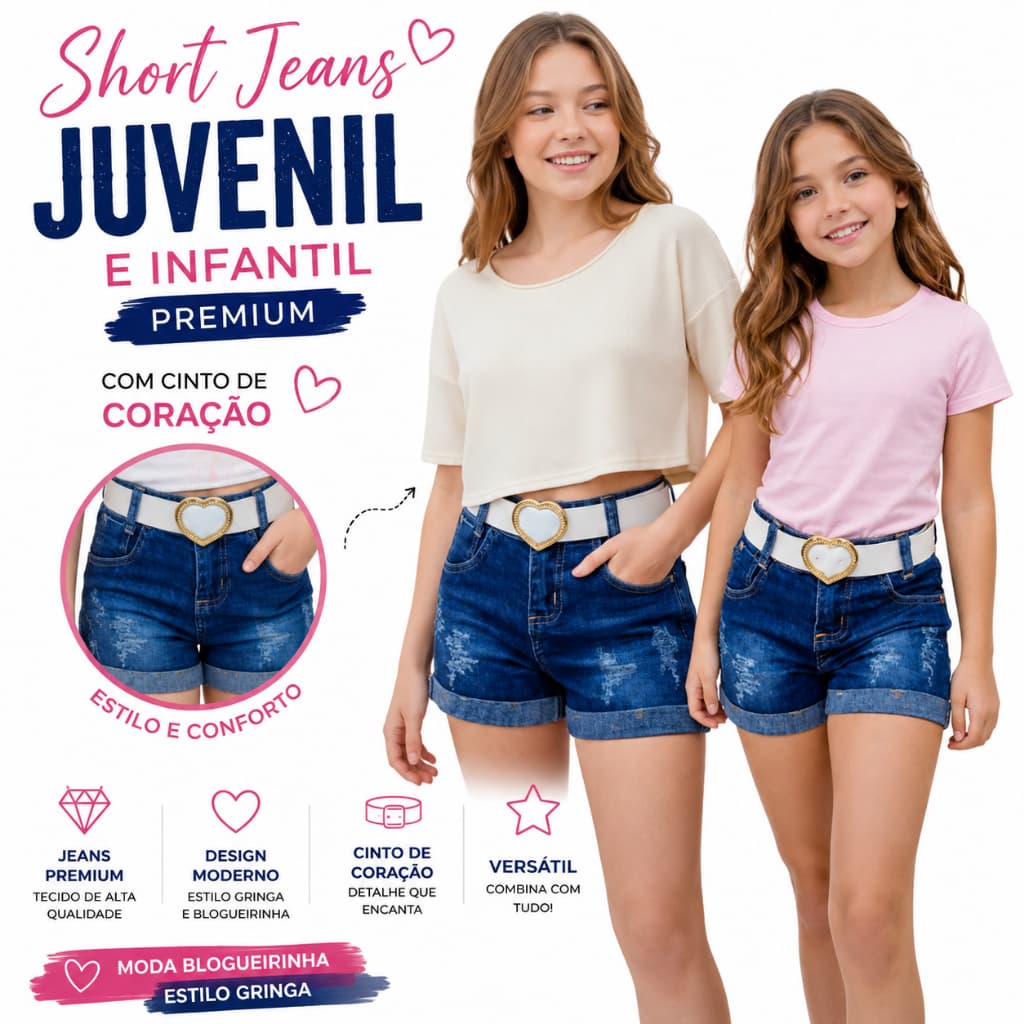 Short Jeans juvenil e infantil Menina com cinto de coração Premium Moda Blogueirinha Estilo Gringa