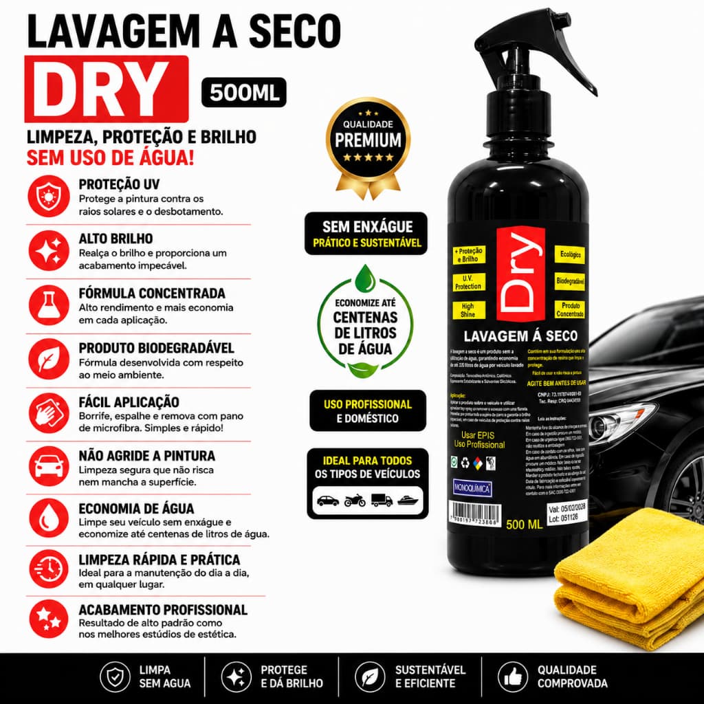 Lavagem a Seco Dry 500ml | Limpeza, Proteção e Brilho Instantâneo