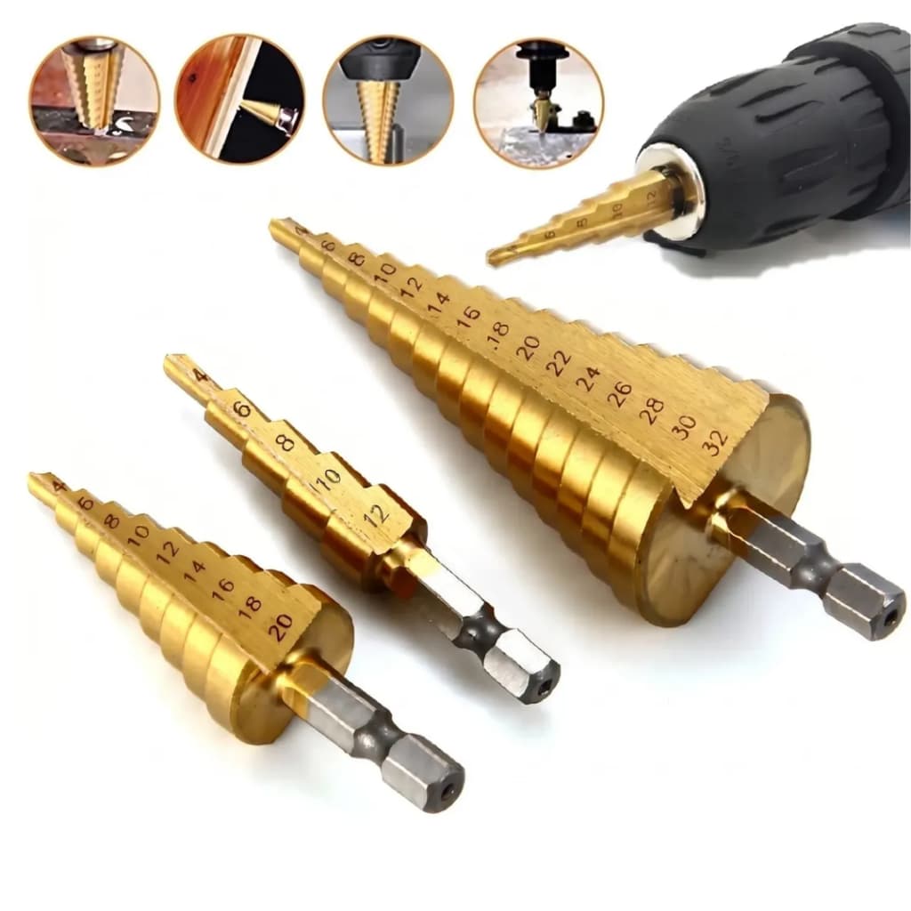 Kit 3 Brocas Escalonada Titânio 4-12 4-20 4-32mm Jogo Broca Hexagonais Cônicas Bits Métricos Cônicos