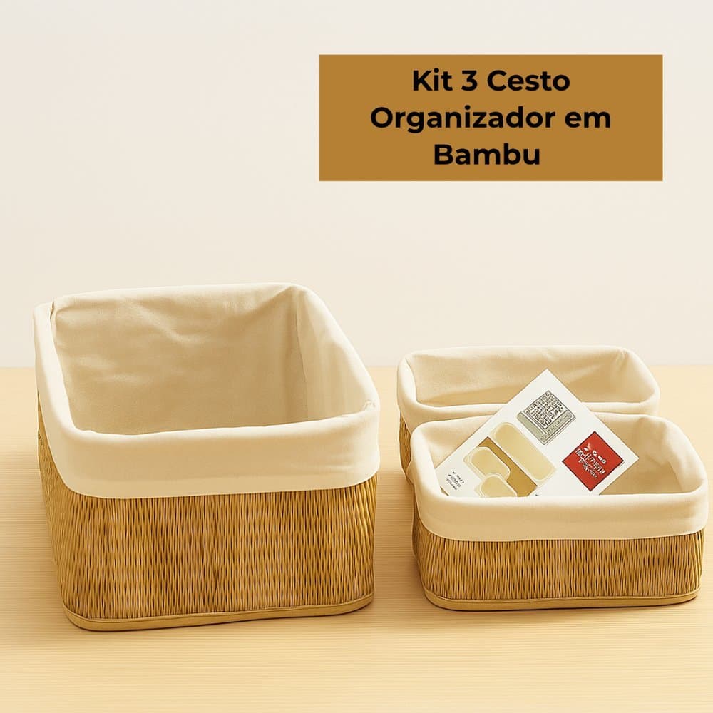 Kit 3 Cestos Organizadores em Bambu para Banheiro Closet Quarto Cozinha