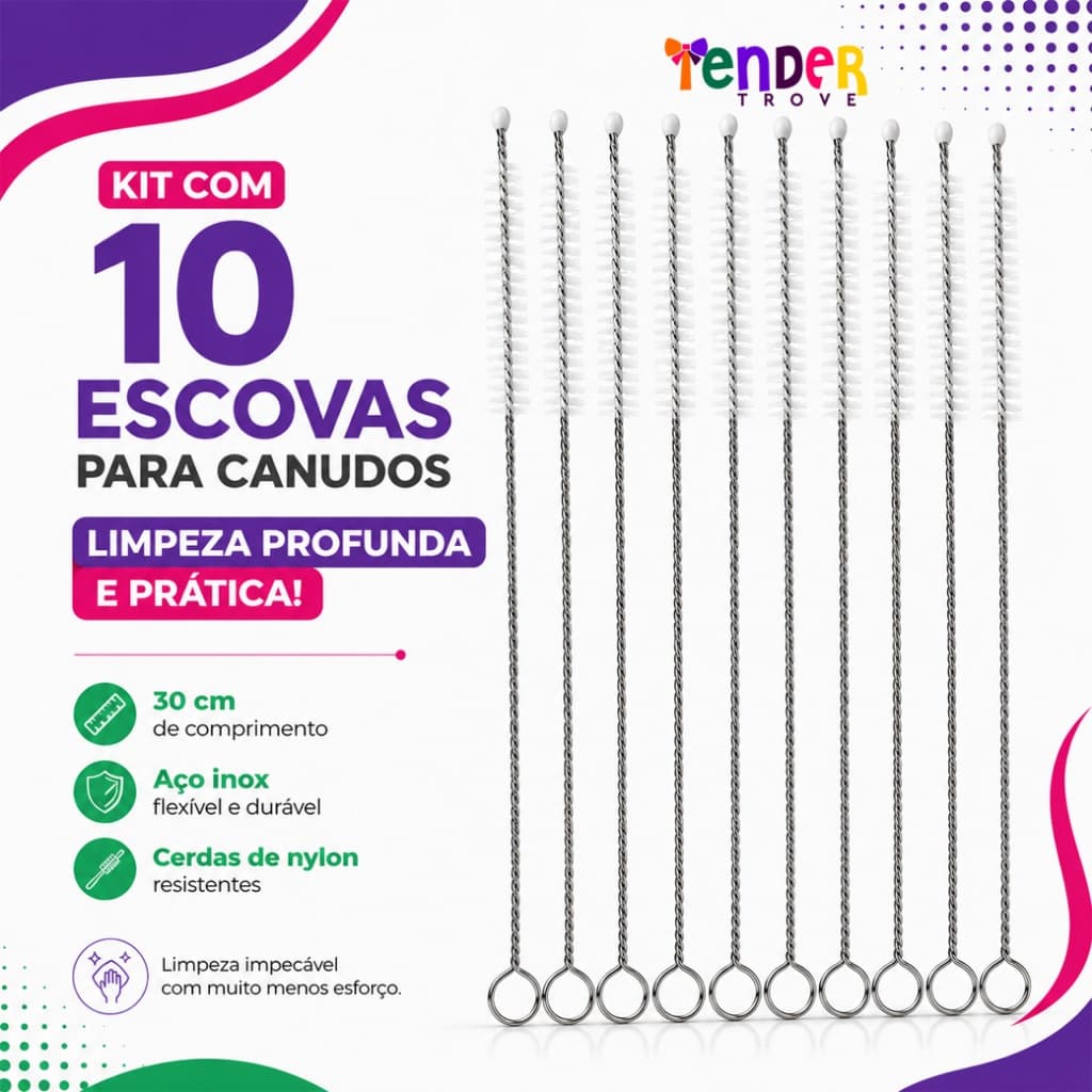 Kit 10 Escovas para Canudos — Limpeza Profunda com Haste Flexível de Aço Inox 30cm 🚿 Higiene Garantida!