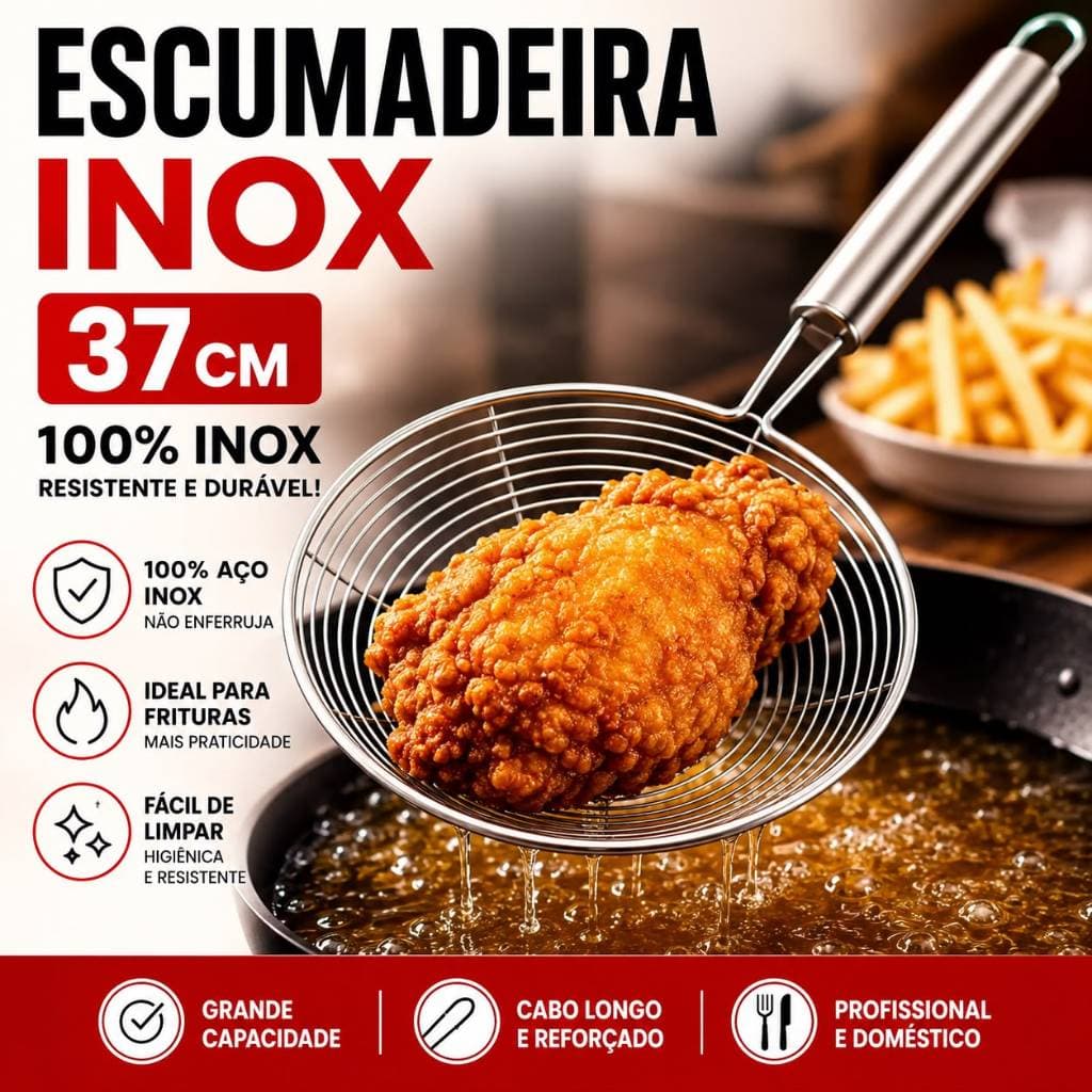 Escumadeira Inox 37cm Grande Cozinha Fritura Profissional Resistente