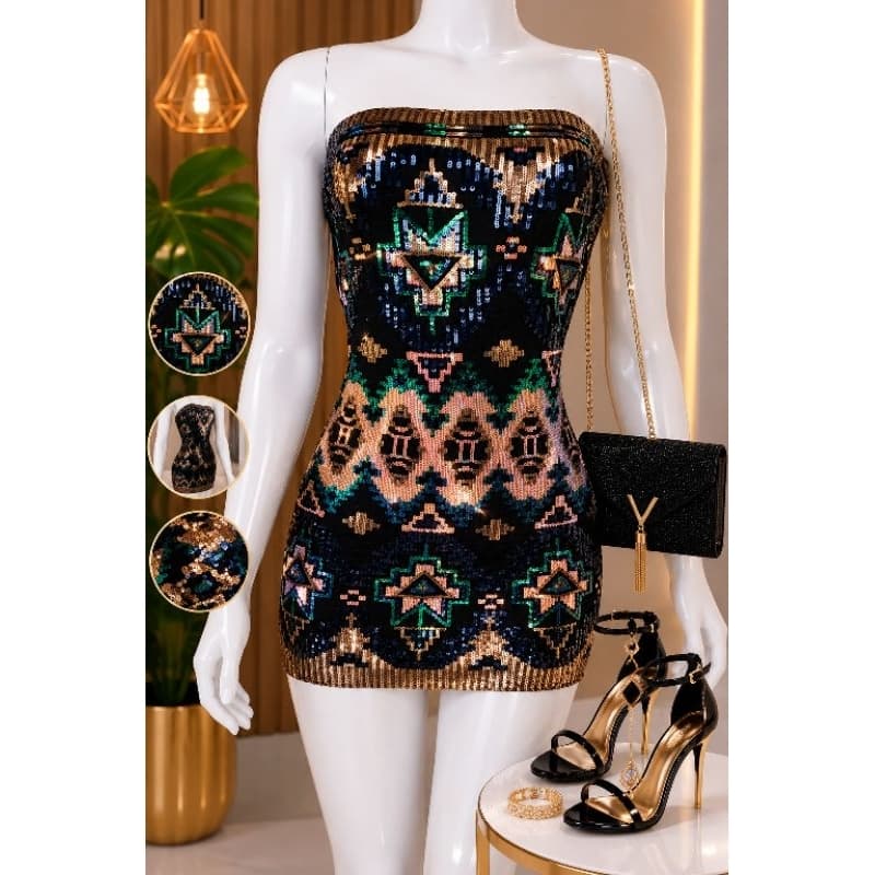 Vestido Curto Tomara que Caia com Paetês Brilho Festa Balada Forrado Tam G