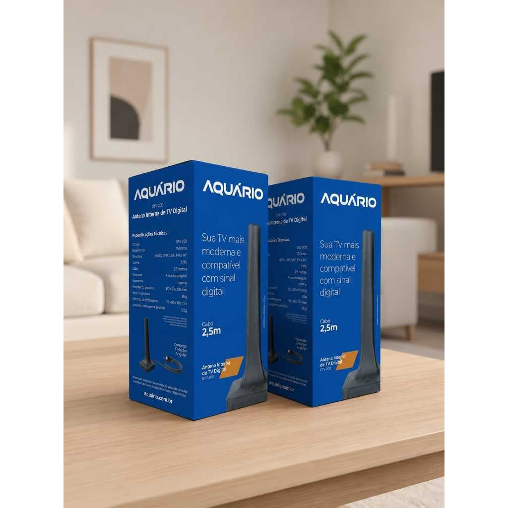 KIT 2 Antenas Digital Interna 4k Aquario Dtv-200, Cabo 2.5m Hdtv 4k