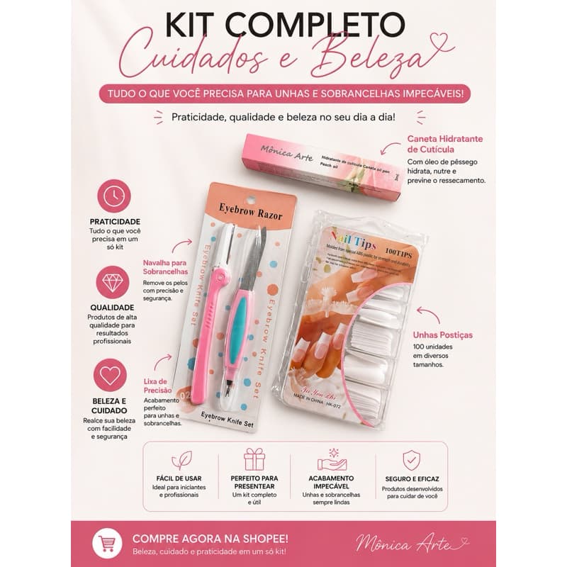 Kit Navalha+ Lixa Unha Postiça + Caneta Hidratante de Cutícula
