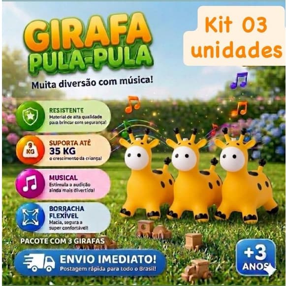 Kit 03 Girafa Upa Upa Emborrachada Brinquedo Inflável Musical Luz infantil Crianças Bebes Vaquinha Pocotó Pula Pula