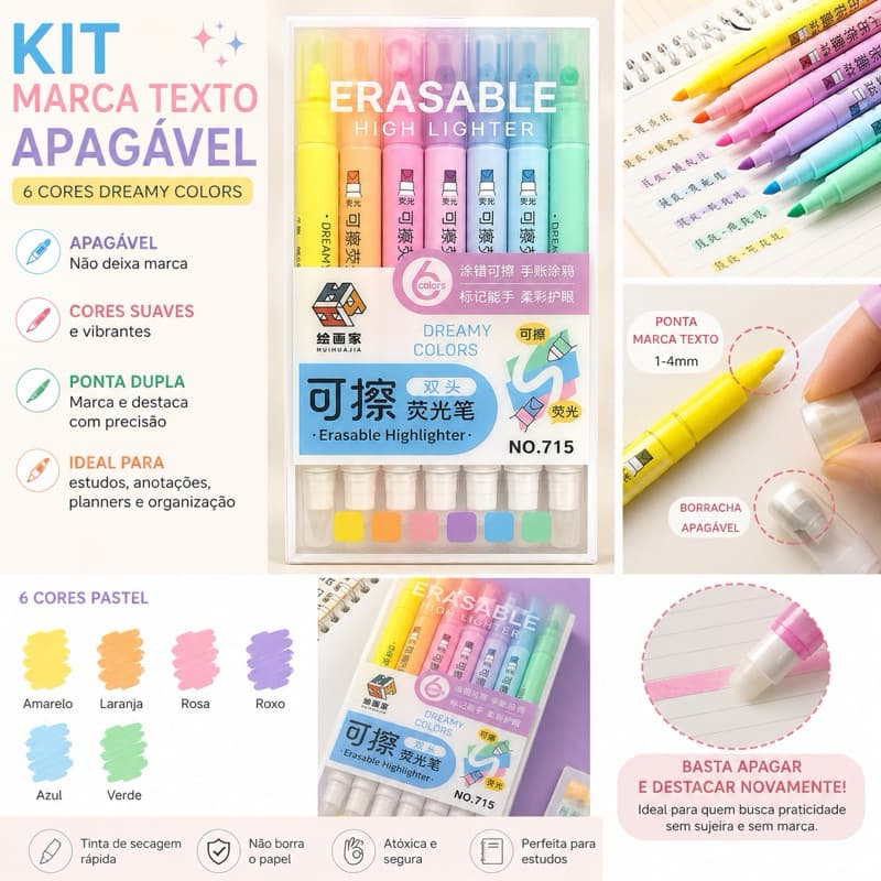 🌈 Kit Marca Texto Apagável 6 Cores Pastel | Marca Texto Erasável para Estudo e Planner