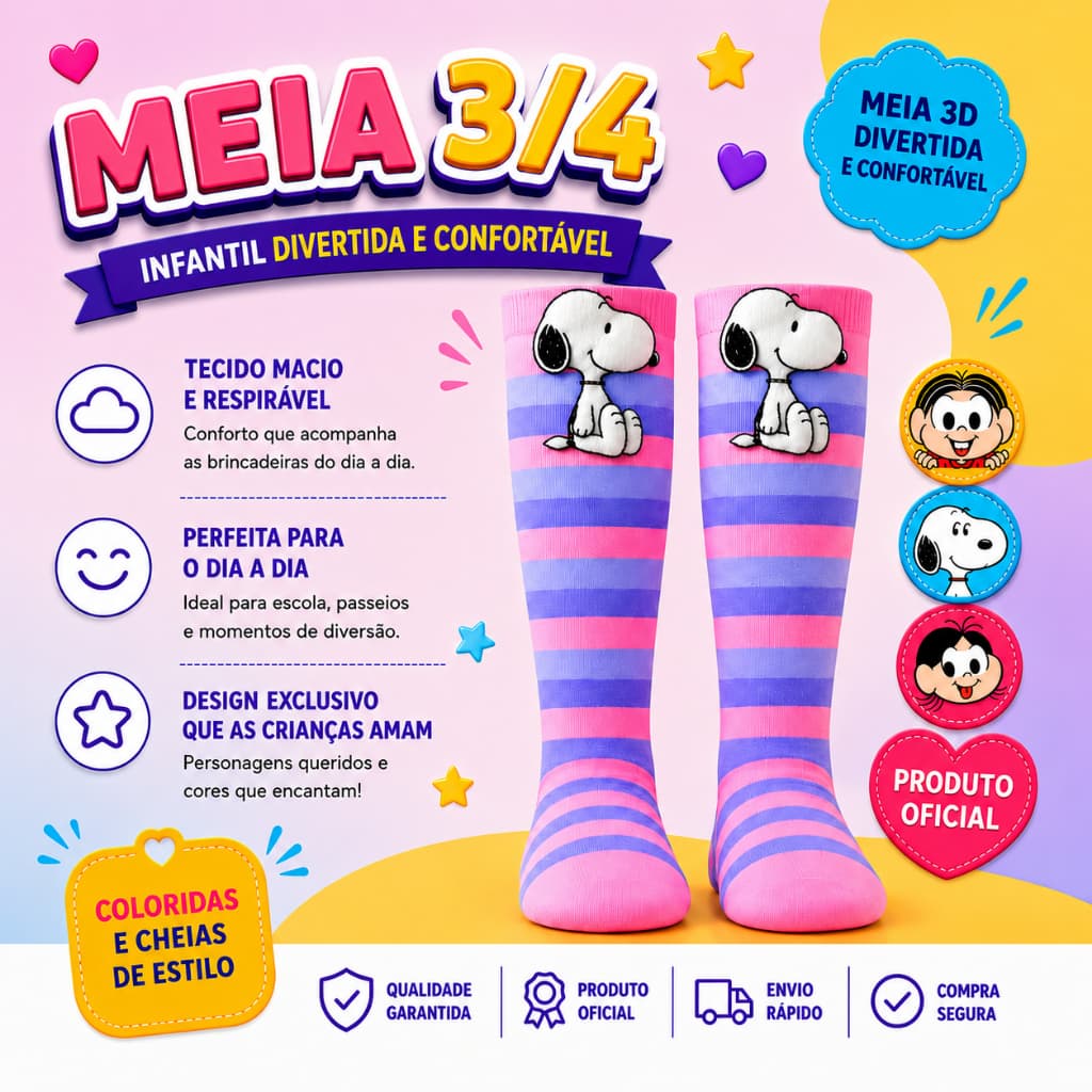 Meia 3/4 Infantil 3D Cano Longo Produto Oficial – Personagens Turma da Mônica, Snoopy e Hello Kitty