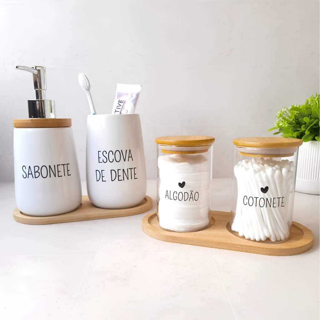 Kit Banheiro Cerâmica Vidro Bambu Personalizado Luxo 6 Peças Porta Sabonete Escova Algodão Cotonete