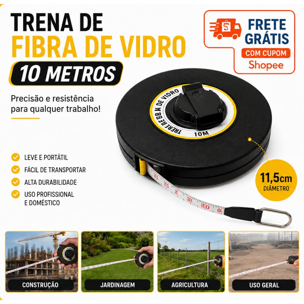 Trena Fibra Vidro 10 Metros Resistente Cor Preta Medicoes Precisao Obras Projetos