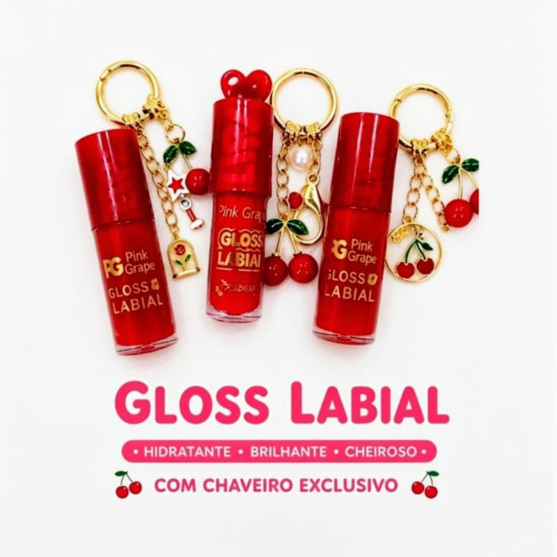 Gloss Labial Cherry Bomb com Pingente de Cereja Brilho Espelhado Hidratante Efeito Volume Lábios Macios