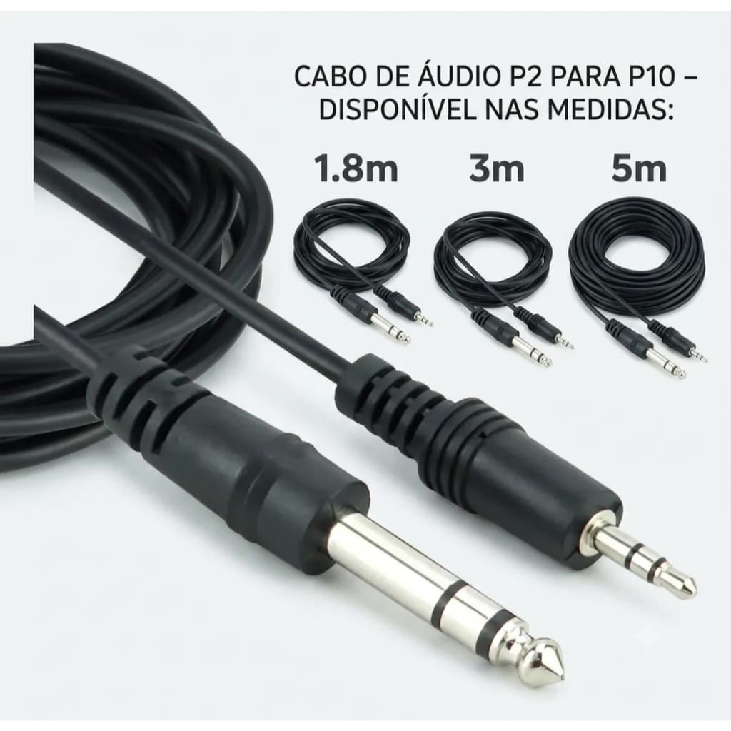 Cabo P2 para P10 Estéreo Profissional 1,8m/3m/5m Mesa de Som Microfone Caixa Guitarra Violão