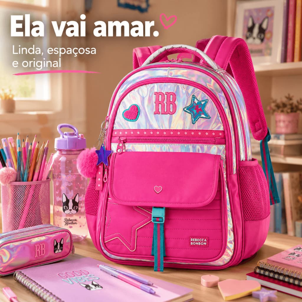 Mochila de Costas Holográfica Rebecca Bonbon Holo Shine - Clio Style Escolar
