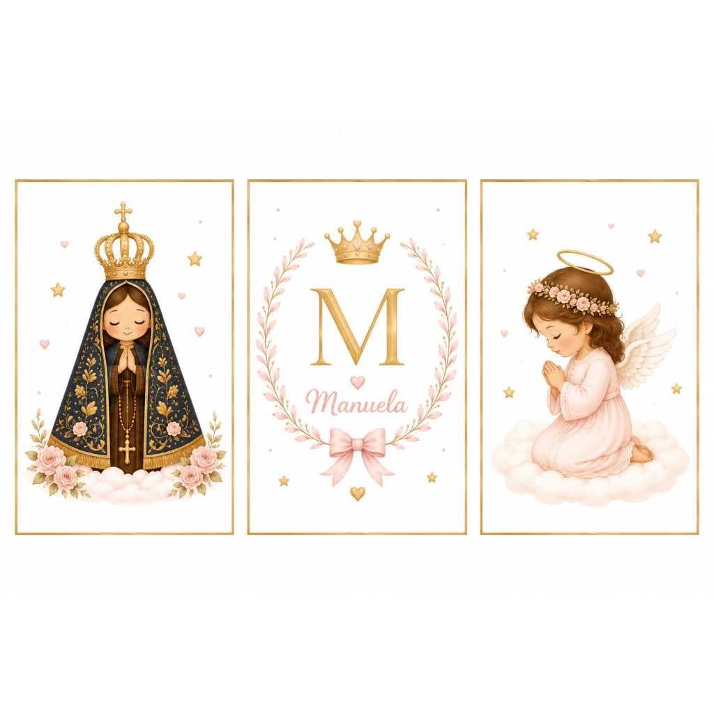 Kit Quadros Nossa Senhora Aparecida Personalizado Nome Inicial Menina Quarto Bebê Infantil MDF 3 Peças