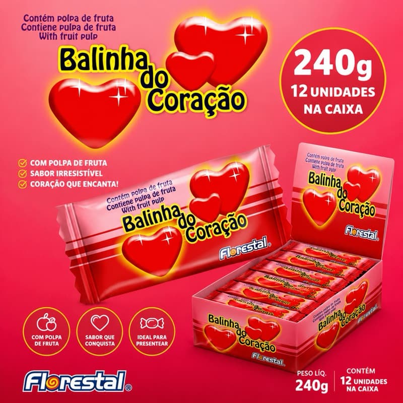 Caixa de Balinha do Coração Florestal 240g | Caixa com 12 Unidades | Bala com Polpa de Fruta