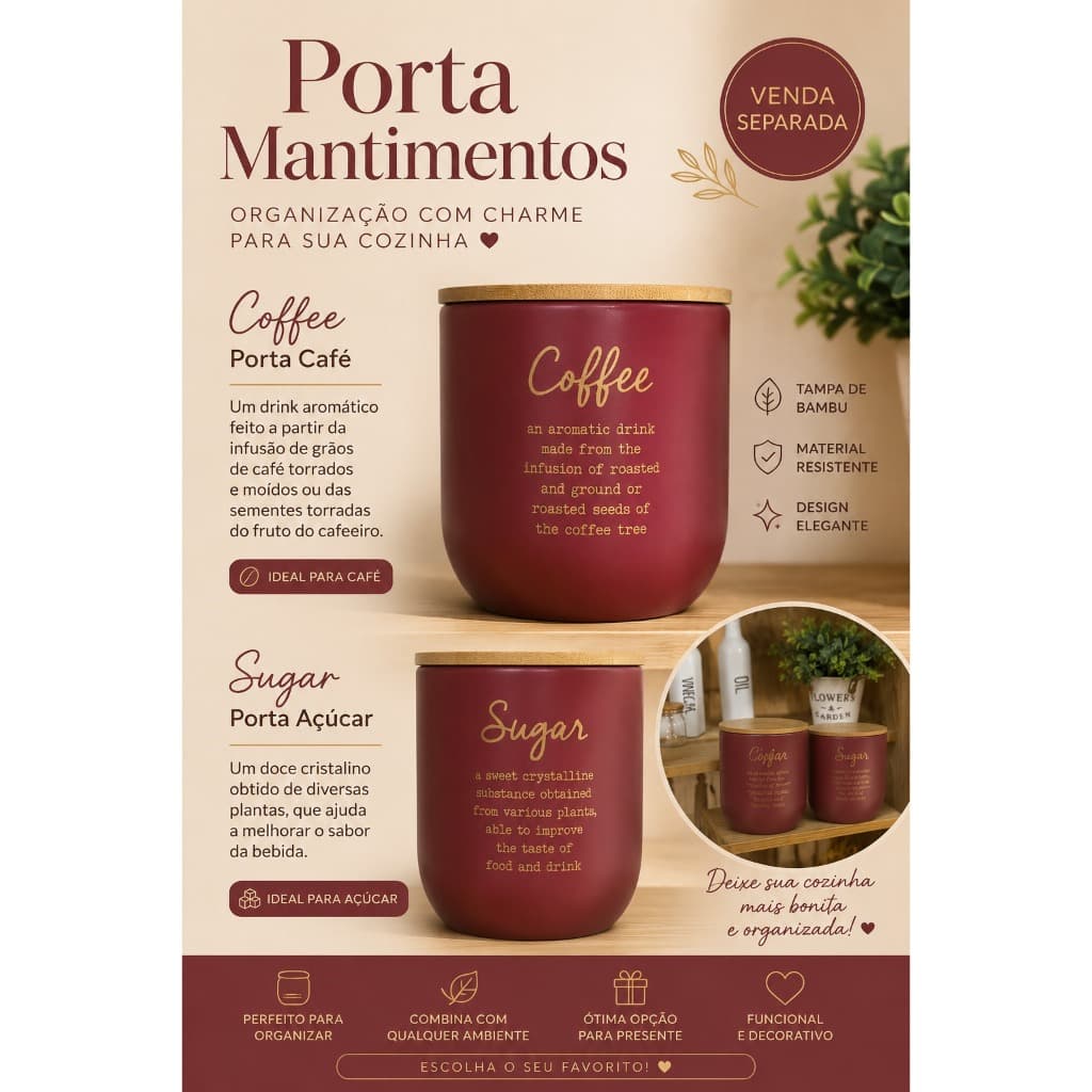 Porta Mantimentos com Tampa yde Bambu | Pote Organizador para Café, Açúcar e Mantimentos