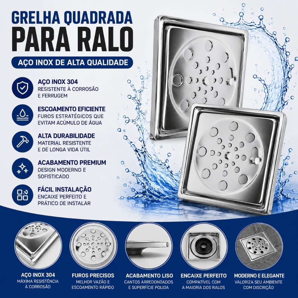 Kit 2 Ralo Grelha Tampa Inox 10x10 CM para Banheiro Lavabo Externo Quadrado c Caixilho C Fechamento