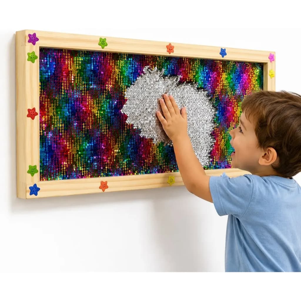 Painel Quadro Sensorial Textura Lantejoulas Madeira Infantil Tátil