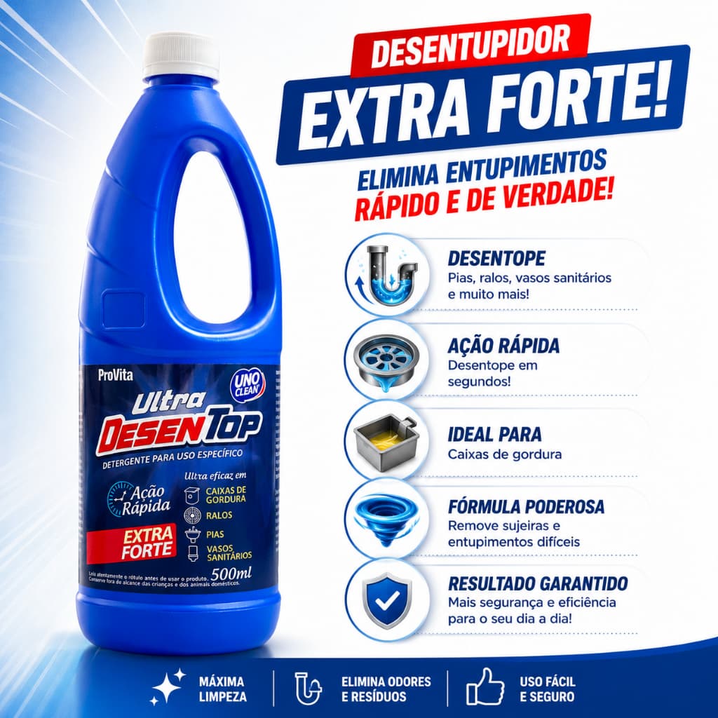 Desentupidor Líquido 1L Ultra Desentop Caixas de Gordura Cano Ralos Pias Vasos Sanitários LIMPA FOSSA