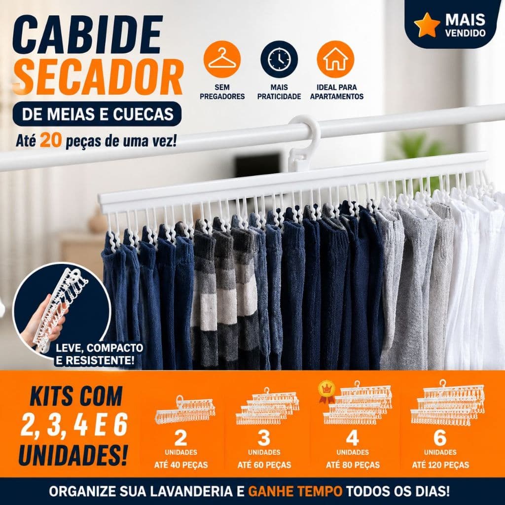 Cabide para Secar Meias Cuecas e Peças Pequenas | Varal Organizador Compacto com 20 Ganchos