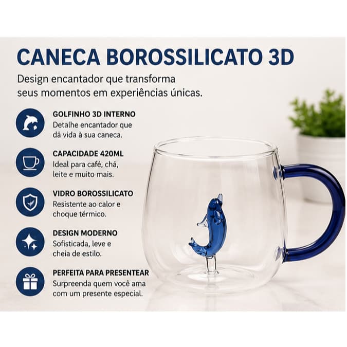 Caneca Bichinhos 3D Vidro Borossilicato 420ml Presente Criativo