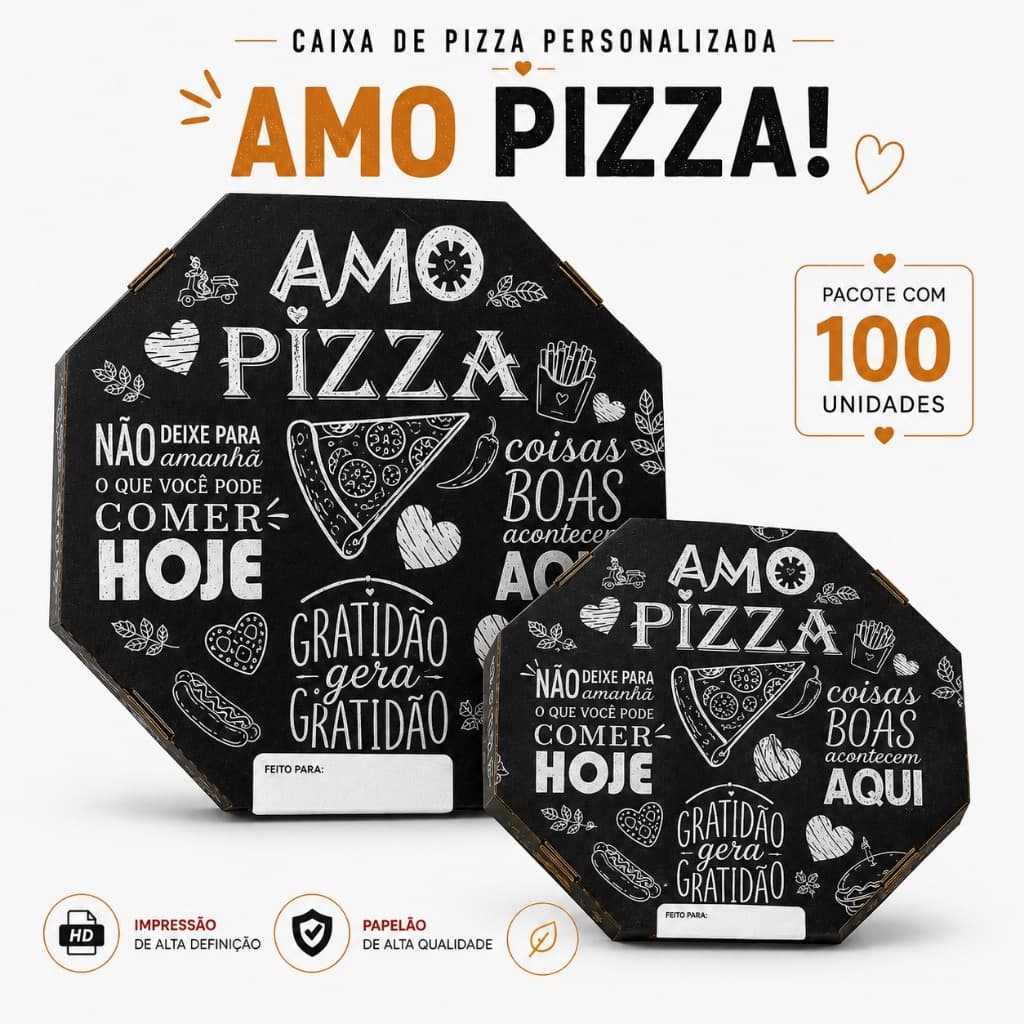 CAIXA DE PIZZA 35CM - PERSONALIZADA AMO PIZZA - 100 UNIDADES