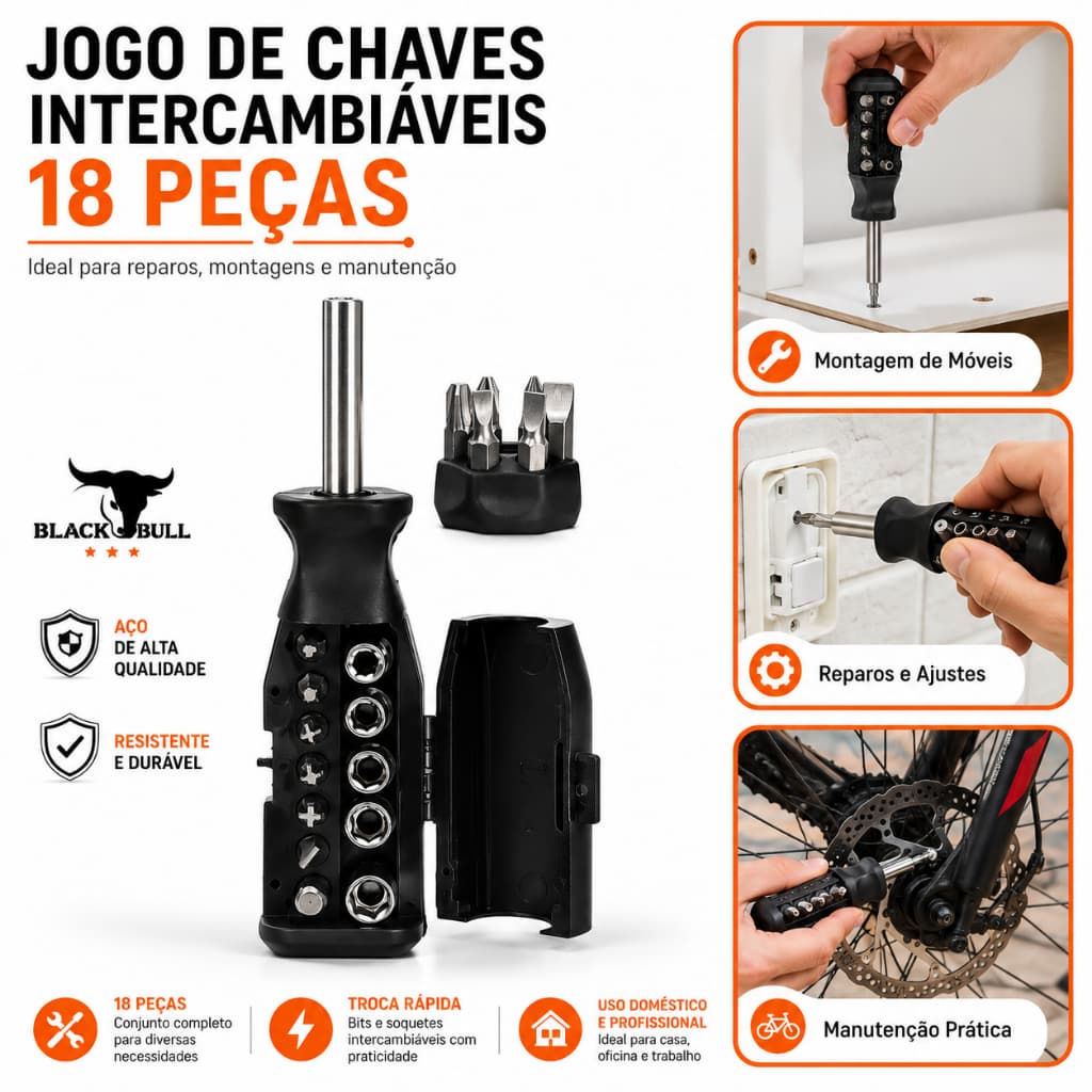 Jogo de Chaves Soquete 18 Peças Black Bull com Bits Intercambiáveis