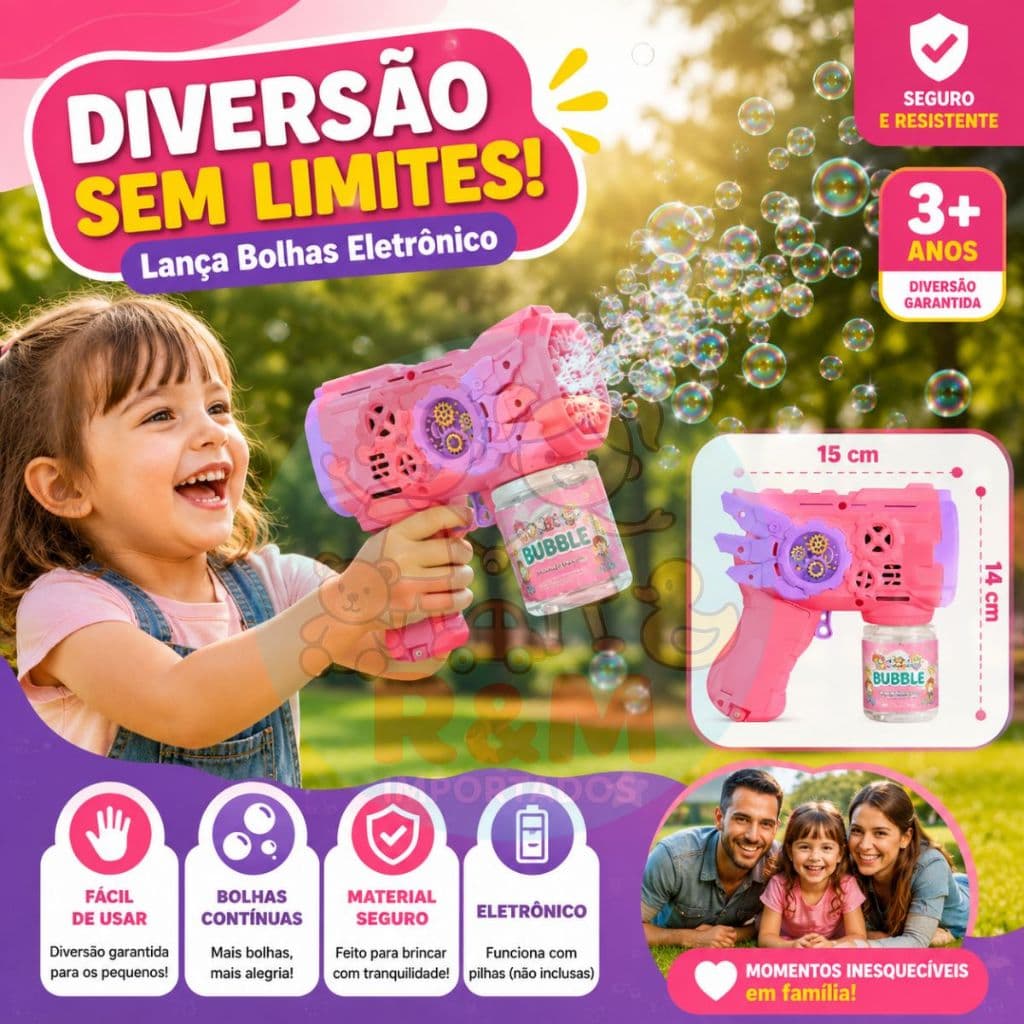 Brinquedo Arminha Bolinha de Sabão Altomático Luz Led Rosa menina