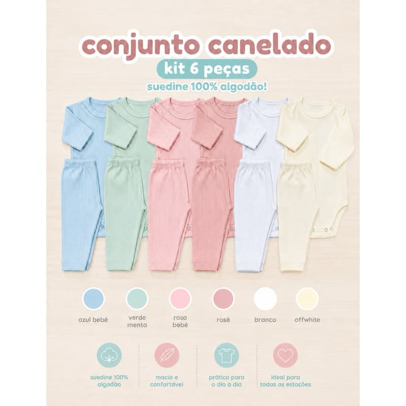 Kit 6 Peças Conjunto Canelado Bebê Infantil Menino Menina Manga Longa Body + Calça Algodão Macio Unissex Enxoval