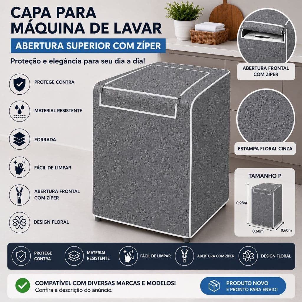 Capa para Máquina de Lavar Abertura Superior com Zíper Tamanho P – Cinza Floral | Proteção Completa e Durabilidade