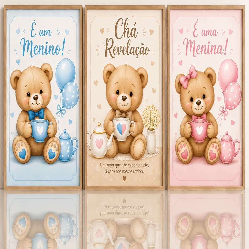 Quadro Decorativo Chá Revelação 3 Peças Ursinho Menino Menina Bebê Quarto Infantil Festa