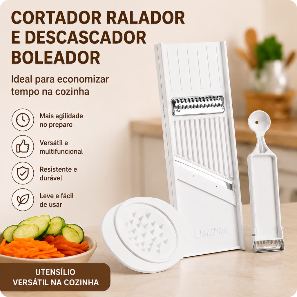 Kit 4 em 1 Cortador Ralador Descascador Boleador Fatiador Legumes Frutas Queijo Dupla Face Keita