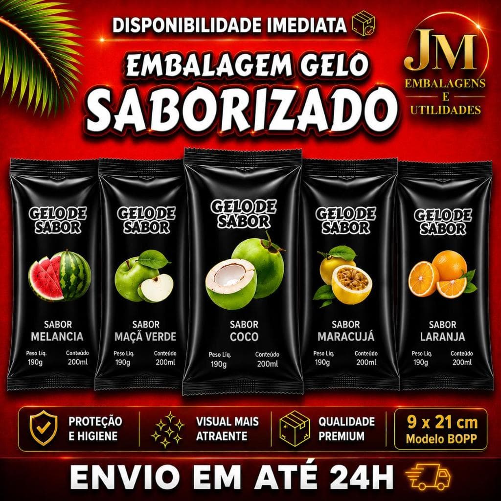 Embalagem para Gelo Saborizado -(24 PACOTES) 6000 Embalagens Bopp 9x21 ESCOLHA SABORES NO CHAT.