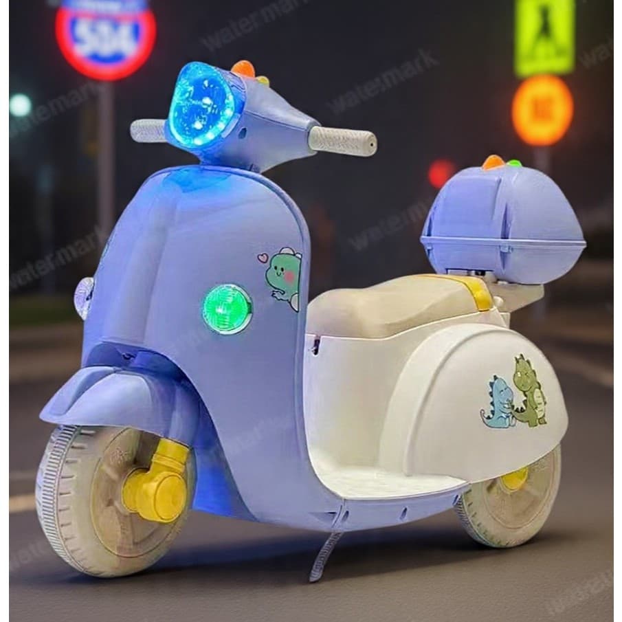 Moto Elétrica Infantil Baby Dino com Baú Azul Claro com Música Luz Entrada USB e Auxiliar(P2)
