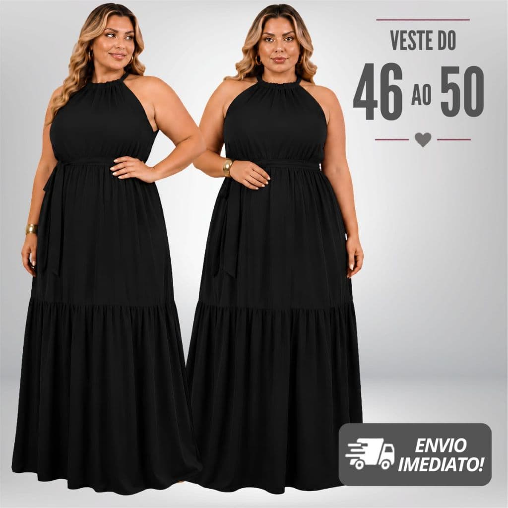Vestido Longo Plus Size Feminino Gola Alta Elegante Soltinho Casual 46 ao 50