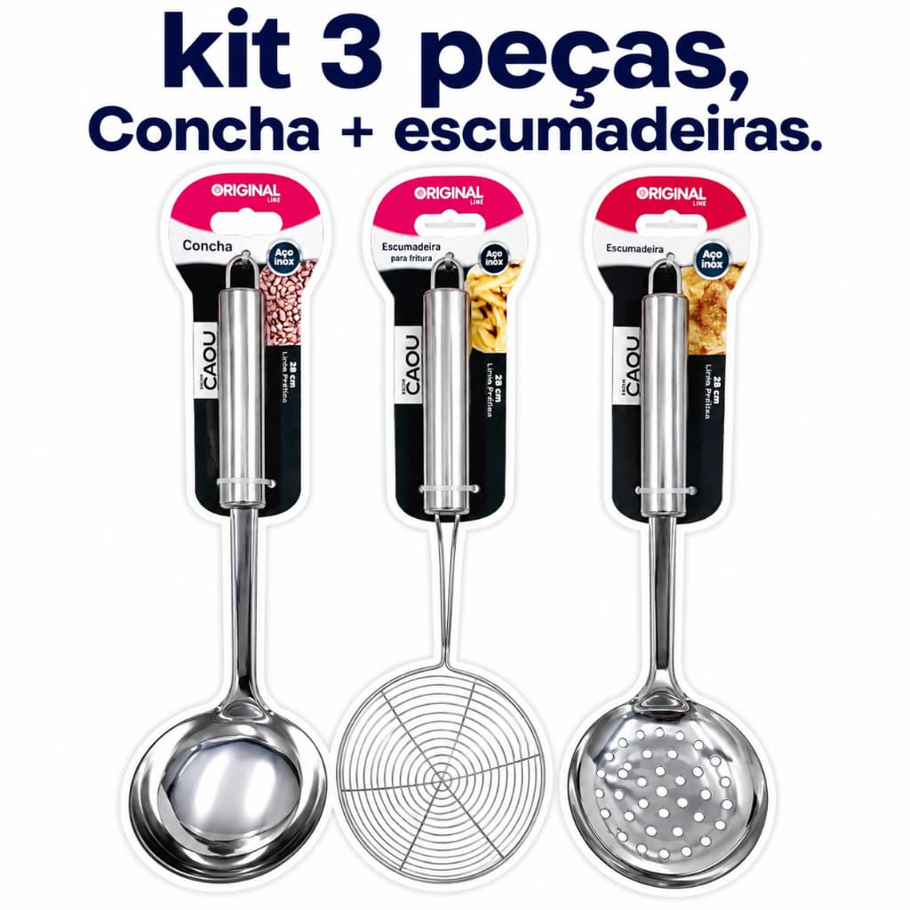 Kit Concha Escumadeira Fritura Vazada Aço Inox Premium Resistente Durável Cozinha Profissional