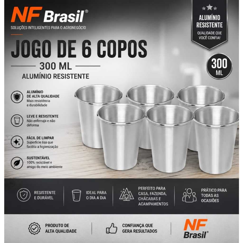 Jogo 6 Copos Alumínio Polido Resistente